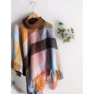 Pretty Persuasions OSFM Multicolor Neutral Mock Neck Cap Pullover Fringed Soft